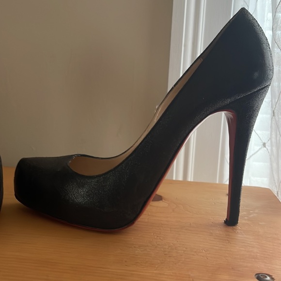 Christian Louboutin Black Textured Leather Red Bottom High Heel Platform Pumps - Picture 12 of 14
